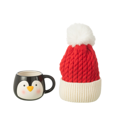 Tasse + Bonnet Pingouin Cadeau Céramique Rouge et Noir