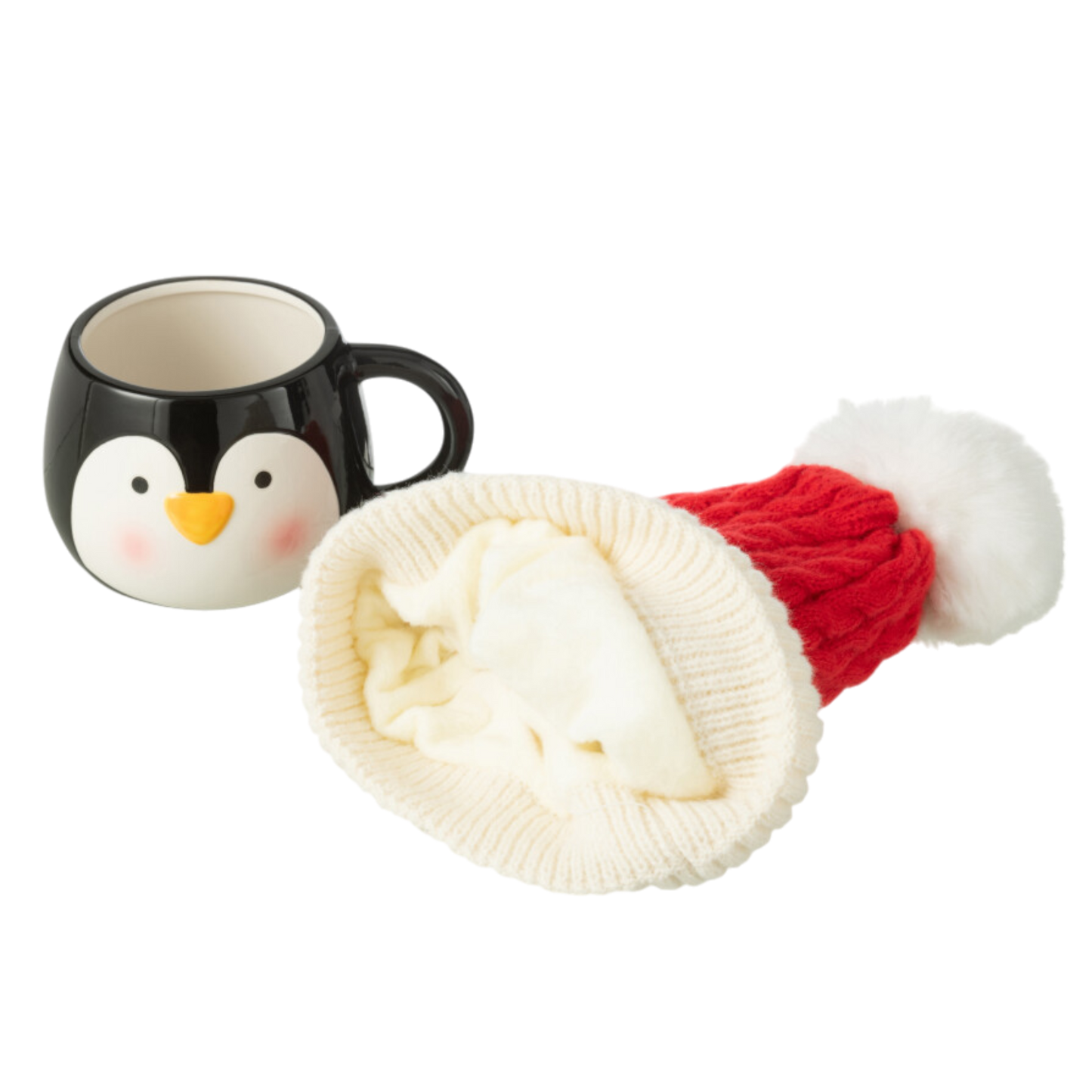 Tasse + Bonnet Pingouin Cadeau Céramique Rouge et Noir