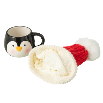 Tasse + Bonnet Pingouin Cadeau Céramique Rouge et Noir