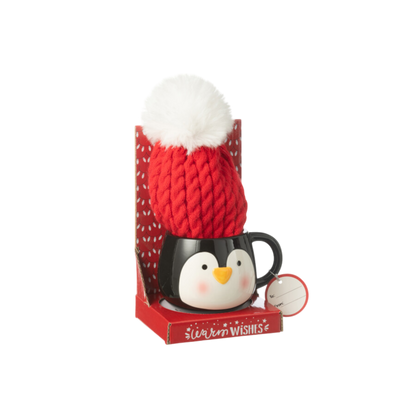 Tasse + Bonnet Pingouin Cadeau Céramique Rouge et Noir