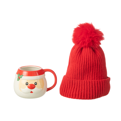 Tasse + Bonnet Père Noël Cadeau Céramique Rouge et Blanc