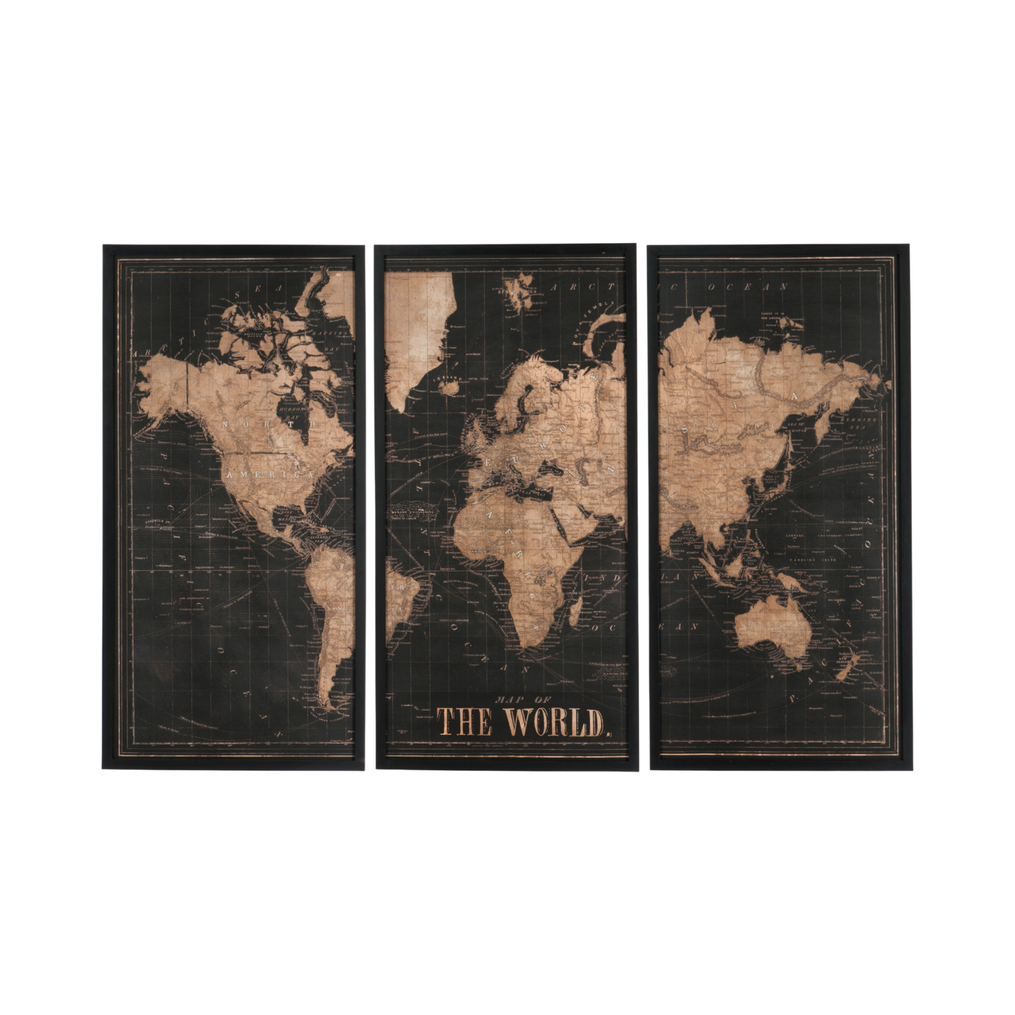 SET OF 3 WORLD MAP FRAMES BLACK/BROWN WOOD